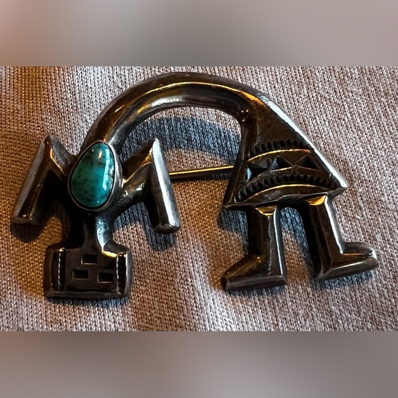 Vintage Native American Antelope Sterling Silver/Turquoise Pin - Picture 1 of 4